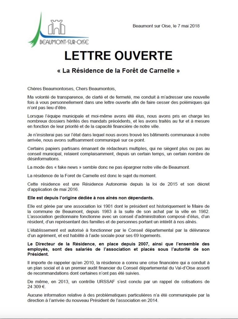Lettre ouverte  La Résidence de la Forêt de Carnelle  BeaumontsurOise