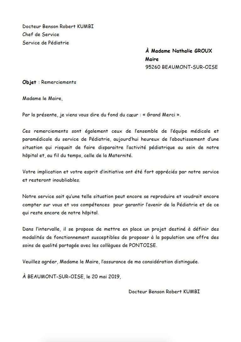 Lettre remerciement Dr Kumbi BeaumontsurOise